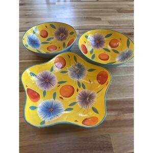 Paper Mache Bowl Set Yellow Teal Flowers‎ Vibrant Artistic